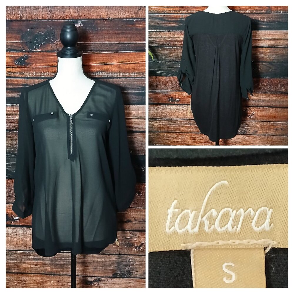 NWT Takara Tunic Top S Black Sheer 3/4 Sleeve Roll Tab Cuffs Hi Low